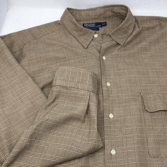 Polo by Ralph Lauren Shirt Silk Cotton Blend Brown Tan Plaid Men’s Size 2XBig - Picture 1 of 11